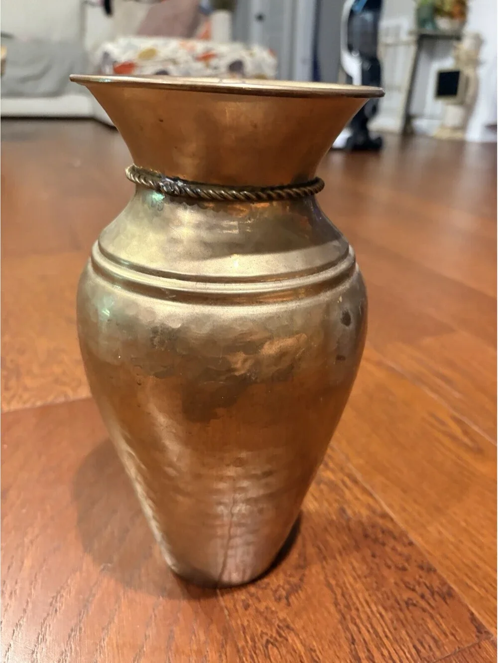 Vintage Solid Hammered Brass Vase w/ Brass Rope & Tassels Patina 10” Rustic